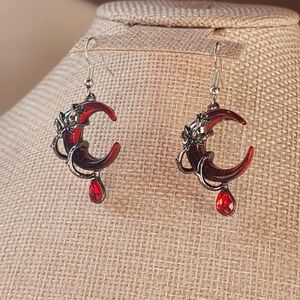 Goth Red Crescent Moon Wraped With A Rose Earrings